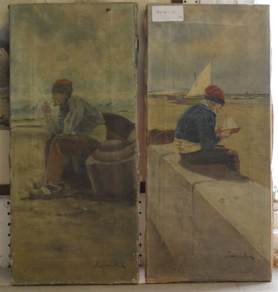 Pair unframed oils, Italian fishermen